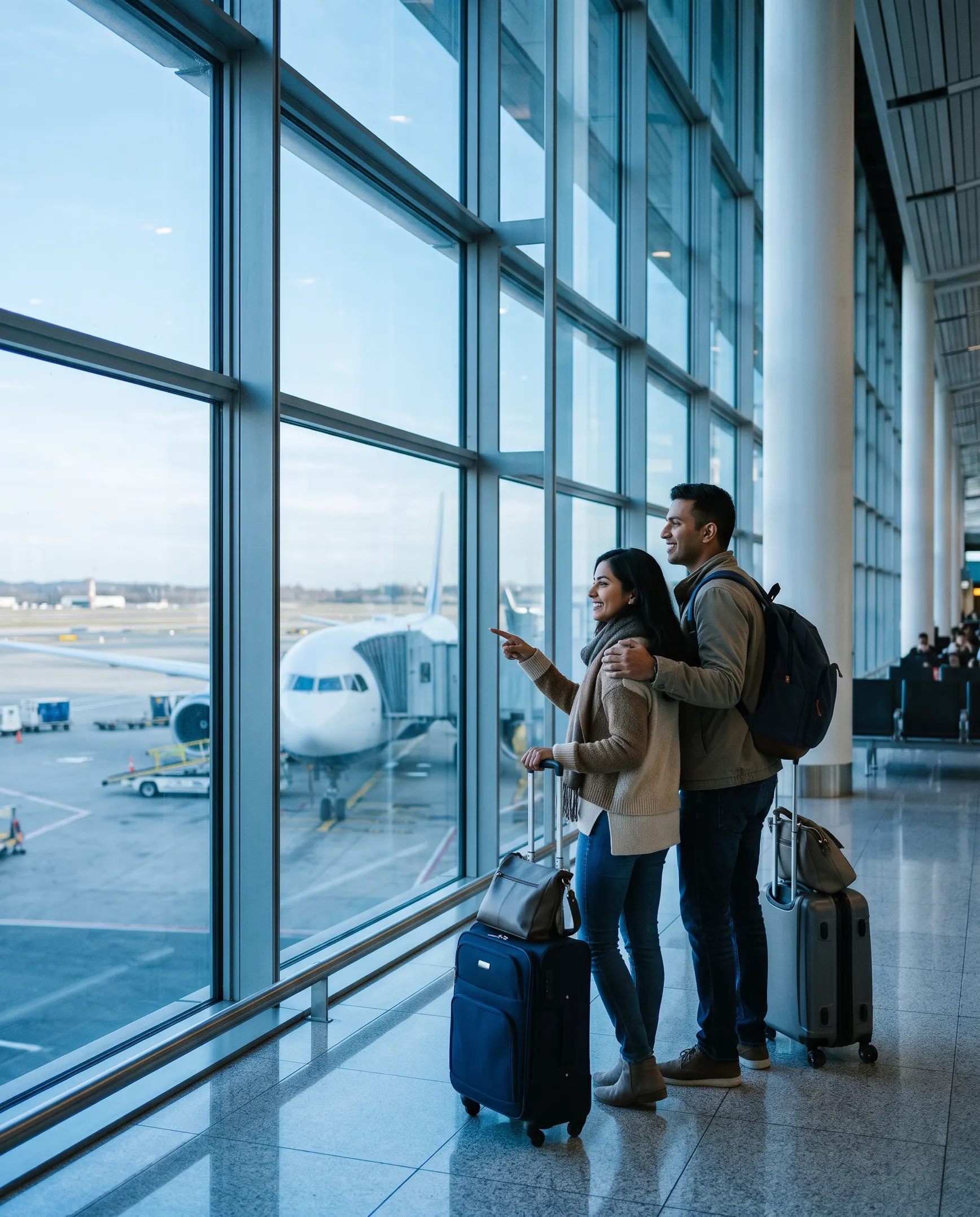 Happy travellers at the airport
